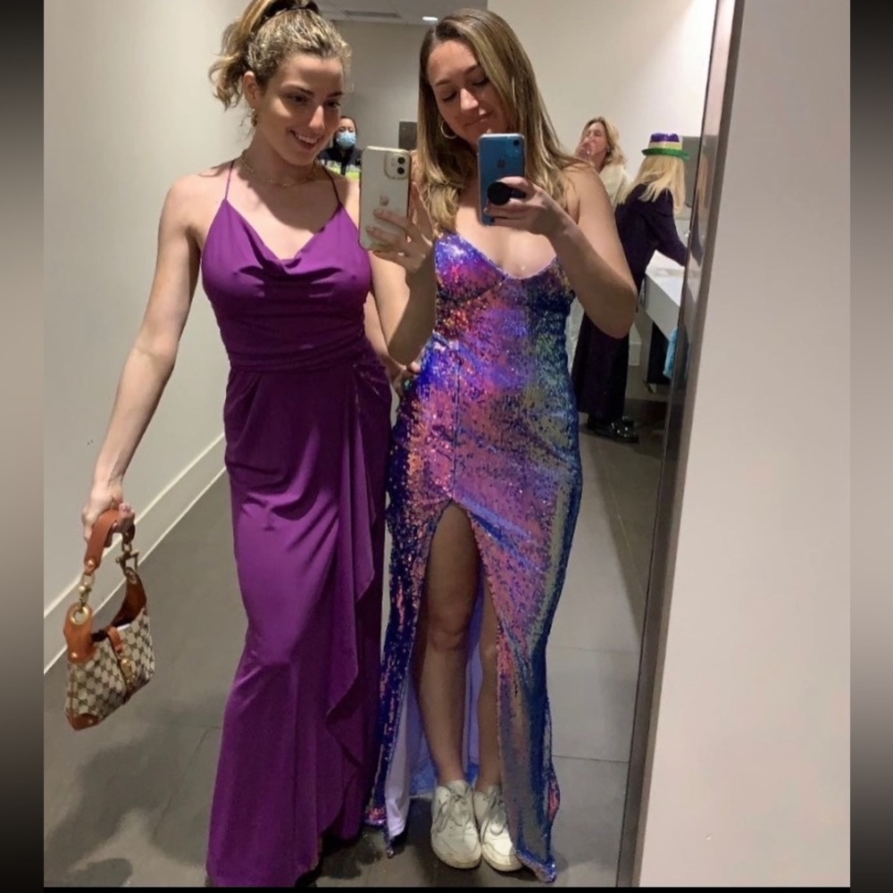 Glowing Review Iridescent Purple Sequin Lace-Up Maxi Dress. 🪩✨